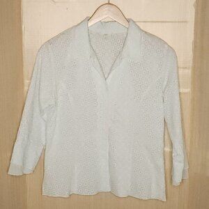 J. Jill Womens Mint Green Eyelet 3/4 Sleeve Hook & Eye Blouse Medium